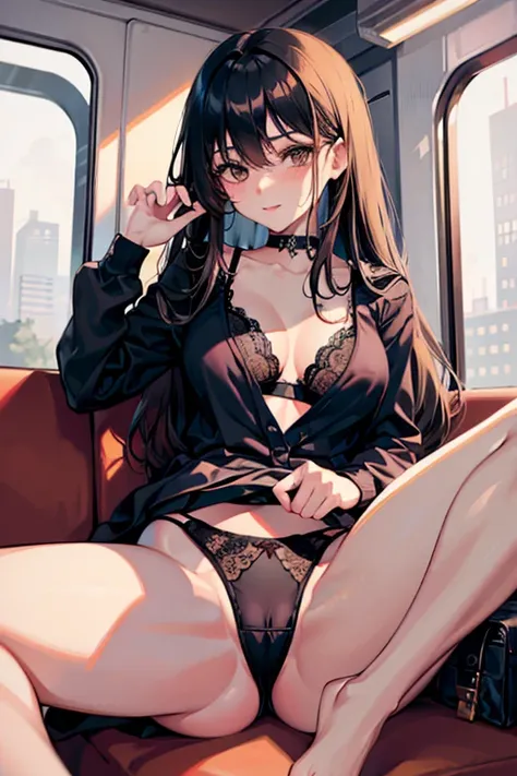 Asian girl wearing black lingerie panties sitting on the train, A surreal schoolgirl, hyper realistic schoolgirl, cute female student, surreal school girl，top-quality,ultra - detailed,tmasterpiece,Endless realism,photoreali,Bright lights,an extremely beaut...