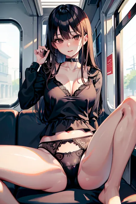 Asian girl wearing black lingerie panties sitting on the train, A surreal schoolgirl, hyper realistic schoolgirl, cute female student, surreal school girl，top-quality,ultra - detailed,tmasterpiece,Endless realism,photoreali,Bright lights,an extremely beaut...