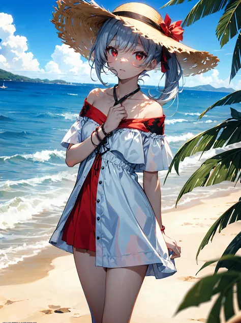 God quality,  anime moe artstyle,best anime 8k konachan wallpaper,badass anime 16k,perfect anatomy, (Please draw A girl in a off shoulder dress walking on the beach. :1.3),break, 1girl, (Solo,Loli,child,12-year-old:1.5),(dark tan skin), Full limbs, complet...