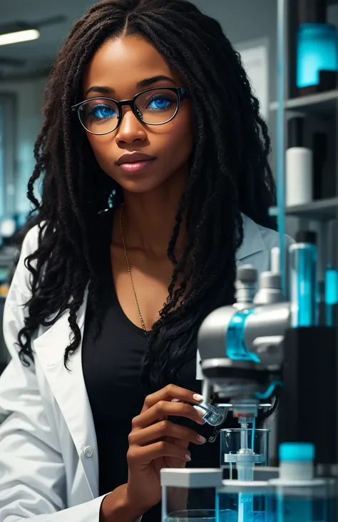 à black woman with blue eyes and glasses. Scientist with long dark hair