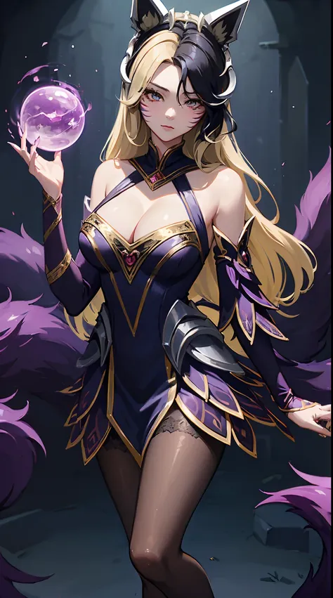 (masterpiece, best quality:1.2), intricate details, coven ahri, 1girl, dress, detached sleeves, cleavage, multicolored hair, blo...