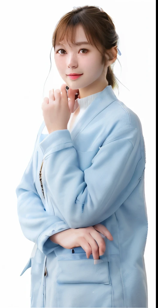 (hight resolution)、(4K) 、(photoRealstic)、Live Action、Japan female in her 20s、natural soft light、during daytime、light blue cotton jacket、Looking at the camera、A slight smil、poneyTail、White background、Low contrast