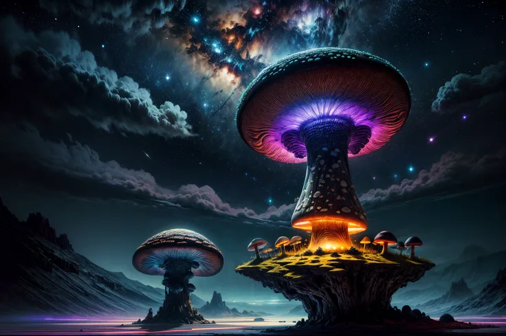 "Science fiction landscape, luminous ((mushrooms)), interstellar clouds, breathtaking colors, celestial bodies, futuristic atmosphere, (captivating composition), alien terrain, cosmic beauty,