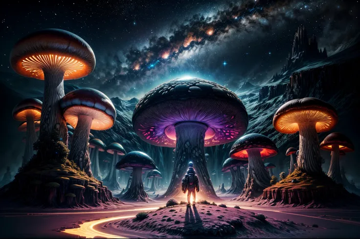 "Science fiction landscape, luminous ((mushrooms)), interstellar clouds, breathtaking colors, celestial bodies, futuristic atmosphere, (captivating composition), alien terrain, cosmic beauty,