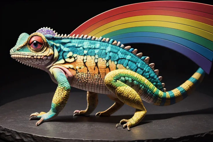 (Masterpiece), (Best Quality), (Ultra high Detailed), chameleon, rainbow color, full body shot