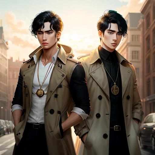 Black hair, black eyes, white shirt, black vest, brown trench coat, and brass pocket watch