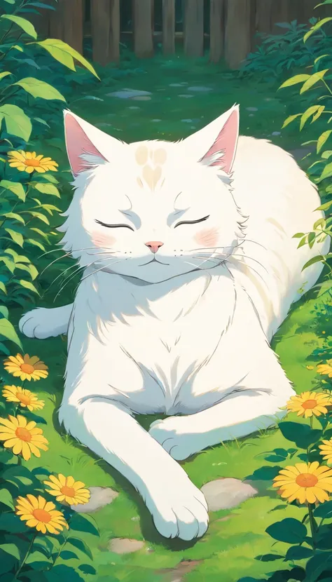 White cat lying flat with eyes closed