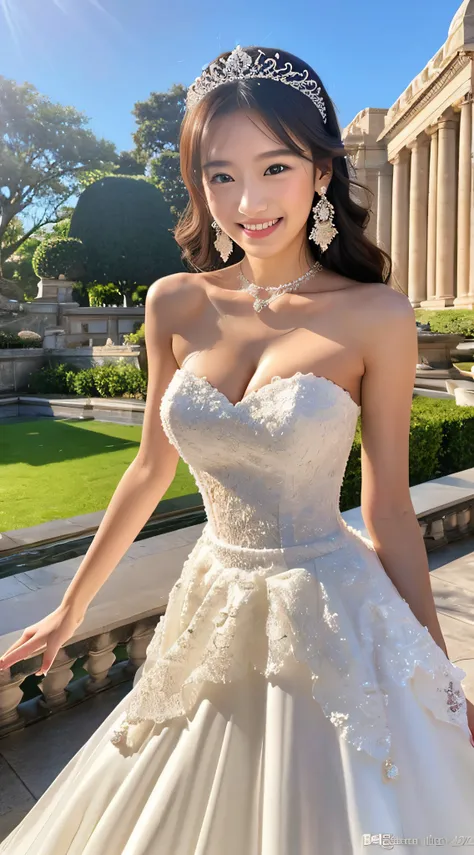 princess dress、Wearing the cutest wedding dress in the world,Z Cup Big,Sculpture model attracts, (1girl in:1.3)、photos realistic、Photorealsitic:1.4 Official art、ultra-detailliert、Beautiful and aesthetic、Beautiful fece、​masterpiece、top-quality、Colossal tits...