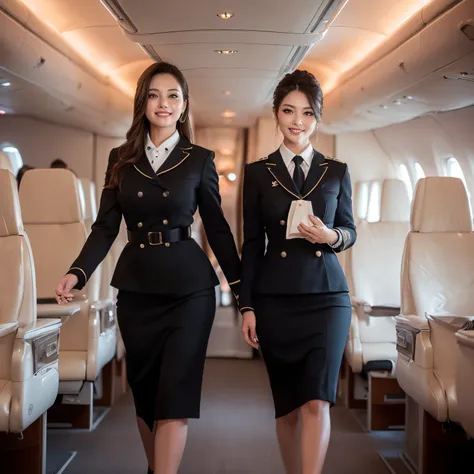 ((top-quality、masutepiece、8K、Top image quality、Hyper-Realism))、(1 photo:1.5)、((1 female stewardess、walk gracefully down the aisle、cowboy  shot、Take a photo of her from the waist up))、((The background is an airplane aisle))、(the most luxurious interior、The ...