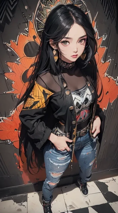 (((8k wallpaper of extremely detailed CG unit:1.2, ​masterpiece, hight resolution:1.2, top-quality:1.2, masutepiece))), ((a very beautiful woman, Hands in pockets:1.8, Grunge Fashion:1.2, Wear outerwear:1.2, Wearing skinny jeans, Wearing shoes)), ((extra d...