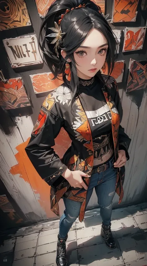 (((8k wallpaper of extremely detailed CG unit:1.2, ​masterpiece, hight resolution:1.2, top-quality:1.2, masutepiece))), ((a very beautiful woman, Hands in pockets:1.8, Grunge Fashion:1.2, Wear outerwear:1.2, Wearing skinny jeans, Wearing shoes)), ((extra d...