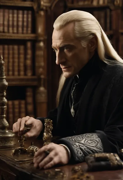 A close-up of Lucius Malfoys meticulously organized and rare collection of ancient magical artifacts and dark objects in his private study at Malfoy Manor.,Harry Potter and the Chamber of Secrets,Lucius is tall with long straight blonde hair, icy blue eyes...