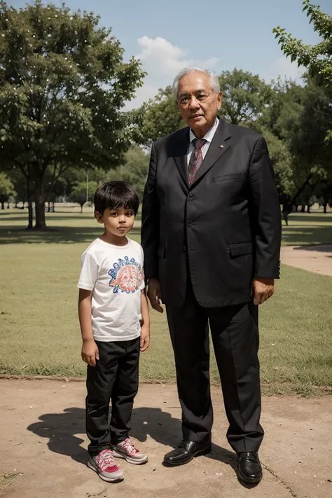 A 7 years old kid is standing beside his grandfather in a park