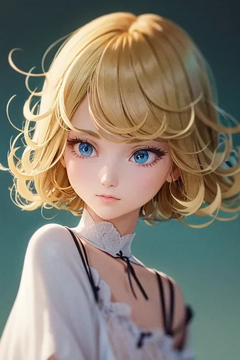 girl in eco-friendly couture clothes in vintage anime style beautiful symmetrical face pale skin golden hair blue eyes detailed line art fine details exquisitely eco-friendly atmosphere of gentle pastel free pose