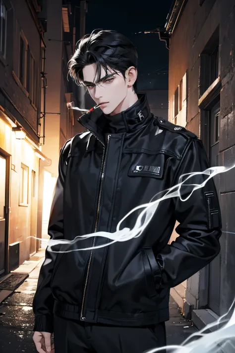 (best quality detailed image beautiful image 8K photorealistic) (digital art digital illustration) (cold colors dark lighting) kpop idol 29 year old man very handsome black hair black clothes black eyes (piercing gaze cold expression perfect face perfect l...