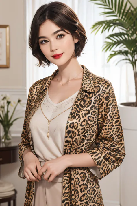 110
(a 20 yo woman,is standing), (A hyper-realistic), (high-level image quality), ((beautiful hairstyle 46)), ((short-hair)), (Gentle smile), (Keep your mouth shut), (lipsticks), (brest:1.1), (wild animal print clothing)