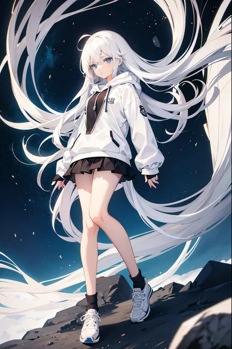 Anime girl, white hair, long hair, blue eyes, white hoodie, black skirt, short skirt, shoes