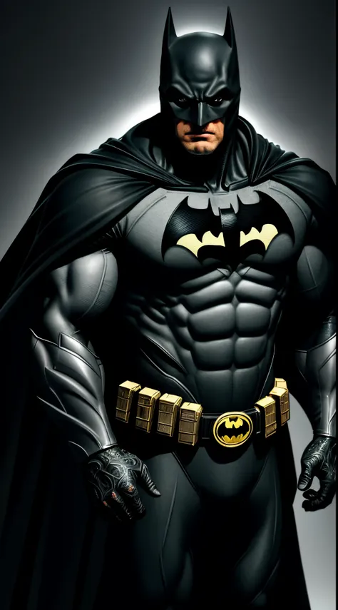 Batman,macho, tall, hunk, muscular, black suit, intricate details on the suit, best quality, masterpiece, long black cape, short ears on the helmet, white eyes, no pupils, serious face, ultra detailed suit, detailed face, powerful pose,  best quality, high...