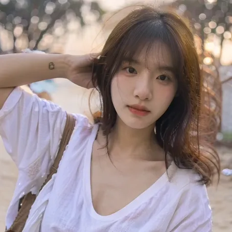 Pretty korean girl with small acne in her face, white shirt, Beach street