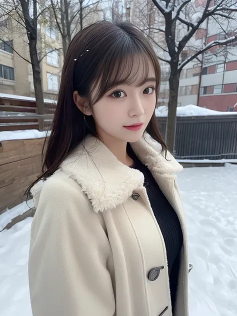 realistic photos of (1 cute Korean star) Shoulder-length hair, thin makeup, medium breasts size, wearing coat, in the snow, clear facial features, 8K high resolution, sharp and realistic details.from outside, Eye-Level Shot, f/4.0, 135mm, Fujifilm, jpeg ar...