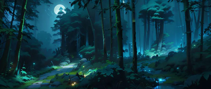 There is a painting，The painting is a forest with many trees, background artwork, moonlit forest environment, arte de fundo, Night forest background, Nocturnal forest, Enchanted forest background, Deep in the forest at night, Fantasy forest background, Fan...