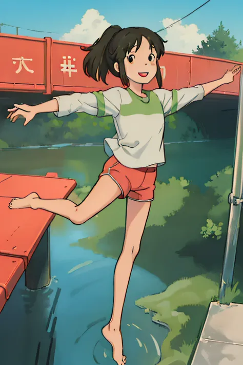 (masterpiece:1.4), (best qualit:1.4), (high resolution:1.4), ogino chihiro, smile, ponytail, long arm shirt, red shorts, barefoo...