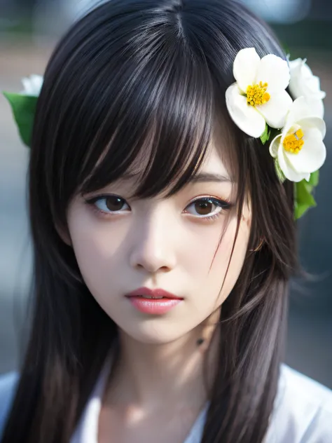 Anime girl with long black hair in white shirt and flower crown, Beautiful Anime Portrait, Stunning anime face portrait, Beautiful anime girl, kawaii realistic portrait, detailed portrait of an anime girl, Portrait Anime Girl, realistic anime 3 d style, re...