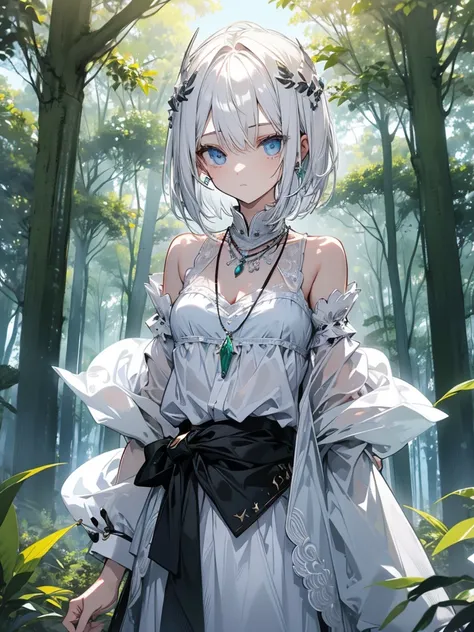 tmasterpiece，girl，White hair，eBlue eyes，thoughtful behavior，necklace with emerald，Short hair details，at a forest，magia