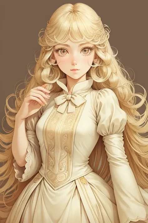 girl in eco-friendly couture clothes in vintage anime style beautiful symmetrical face pale skin blonde long hair fluffy hair almond eyes detailed line art fine details exquisitely eco-friendly atmosphere of gentle pastel free pose