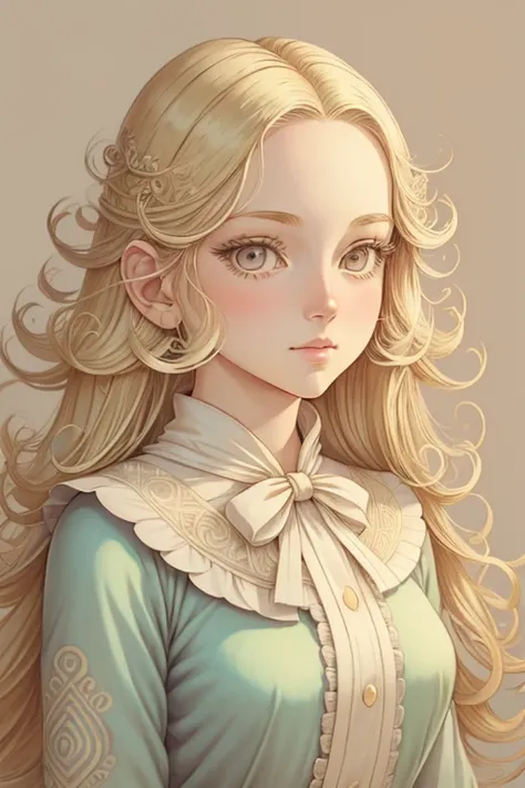 girl in eco-friendly couture clothes in vintage anime style beautiful symmetrical face pale skin blonde long hair fluffy hair almond eyes detailed line art fine details exquisitely eco-friendly atmosphere of gentle pastel free pose