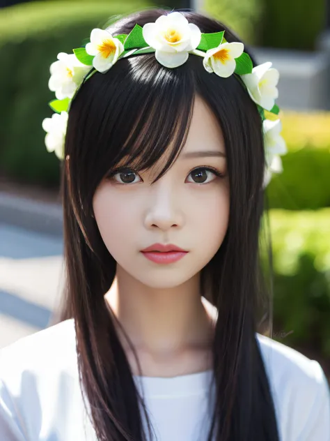 Anime girl with long black hair in white shirt and flower crown, Beautiful Anime Portrait, Stunning anime face portrait, Beautiful anime girl, kawaii realistic portrait, detailed portrait of an anime girl, Portrait Anime Girl, realistic anime 3 d style, re...