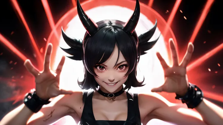 (from above), (upper body image), (idol, celebrity), (angry smile),
Please draw a picture of (Evil Demon Shiba Inu Bishoujo). It has black wings and a beautiful red rouge face. Her body is muscular and her head has horns. (a wicked smile on her face) and h...