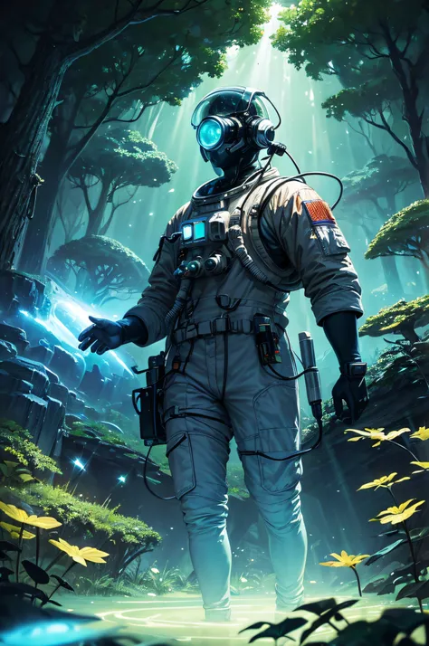 Ultra detailed illustration of an astronaut with headphone holding an old radio lost in a magical world of wonders, glows, bioluminescent plants and trees, incredibly detailed, bright colors, SHARP PHOTO , , bioluminescence UHD M-SHOT This masterfully exec...