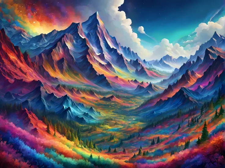 mountains, art by (Akrokan), mesmerizing digital painting, vivid colors, elaborate, breathtaking, chromatic nanotechnology, magnificent, iridescent particles, mesmerizing pattern of kaleidoscopic colors, nanotechnological display, vibrant hues, (detailed:1...