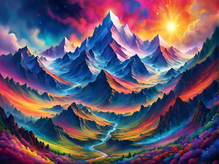 mountains, art by (Akrokan), mesmerizing digital painting, vivid colors, elaborate, breathtaking, chromatic nanotechnology, magnificent, iridescent particles, mesmerizing pattern of kaleidoscopic colors, nanotechnological display, vibrant hues, (detailed:1...