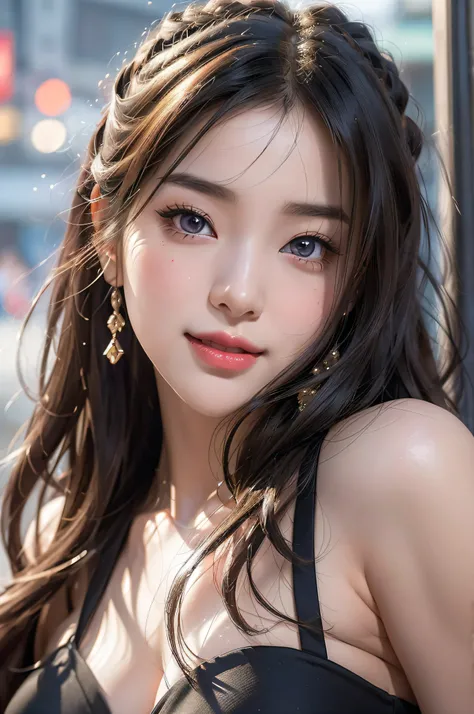 newyork、a bar counter、pantyhose、Ketin、GenshinImpact、Anime girl with purple eyes and purple hair looking at the camera with a beautiful and charming smile、Colorful lens reflection、Glitter GIFs[Glittering GIFs]、Breathtaking rendering、extreme close - up、CG An...