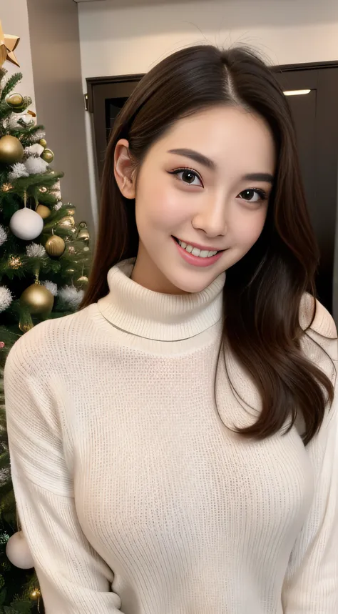 The face is a hostess、kawaii faces、Turtleneck sweater、hiquality、A hyper-realistic、healthy、Smiling expression、Slender perfect figure、Japan beauties、beautidful eyes、face perfect、Beautiful skin、The upper part of the body、Christmas、shopping