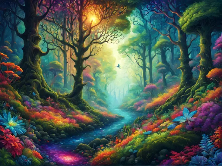 lush forest, art by (Akrokan), mesmerizing digital painting, vivid colors, elaborate, breathtaking, chromatic nanotechnology, magnificent, iridescent particles, mesmerizing pattern of kaleidoscopic colors, nanotechnological display, vibrant hues, (detailed...