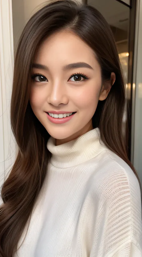 The face is a hostess、kawaii faces、Turtleneck sweater、hiquality、A hyper-realistic、healthy、Smiling expression、Slender perfect figure、Japan beauties、beautidful eyes、face perfect、Beautiful skin、The upper part of the body、Christmas、shopping