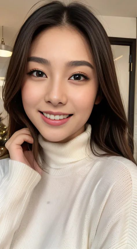 The face is a hostess、Beautiful face、Turtleneck sweater、hiquality、A hyper-realistic、healthy、Smiling expression、Slender perfect figure、Japan beauties、beautidful eyes、face perfect、Beautiful skin、The upper part of the body、Christmas、shopping