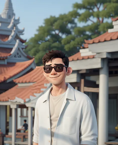 Asian boy with sunglasses milk tea color T shirt above white shirt who stand up Myanmar temple background