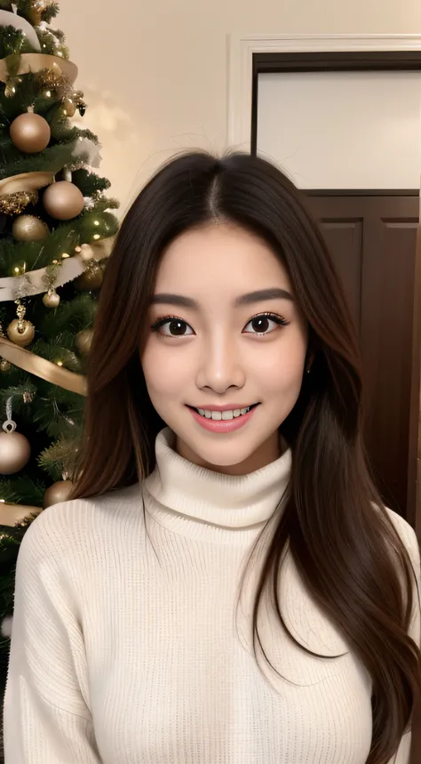 The face is a hostess、Beautiful face、Turtleneck sweater、hiquality、A hyper-realistic、healthy、Smiling expression、Slender perfect figure、Japan beauties、beautidful eyes、face perfect、Beautiful skin、The upper part of the body、Christmas、shopping