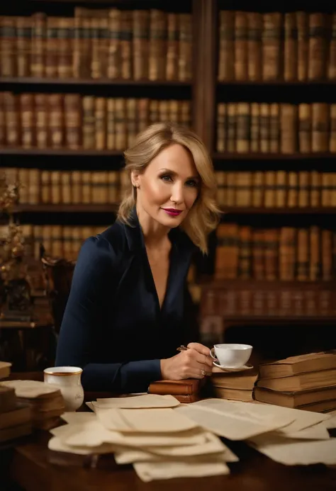 A photo of me sitting at my desk surrounded by stacks of paper and a cup of tea, with a quill pen and inkwell in front of me.,original,Portrayed by JK Rowling herself