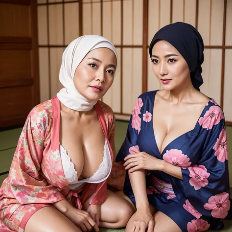 Two Women、56 years old, Hijab Indonesian mature woman, Mature and attractive woman、traditional Japanese room、Im wearing a yukata、cleavage of the breast、large boob : 12.9、No Underwear、​masterpiece、top-quality