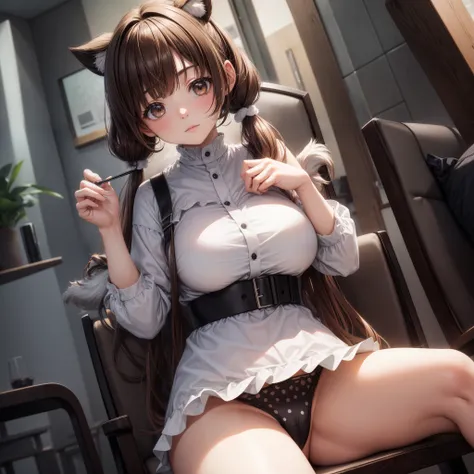 realisitic、top-quality、(One Woman:1.5)、brown haired、Fluffy long twin tails、white spots on bangs、Brown-eyed、Big breasts、Black underwear、sit a chair