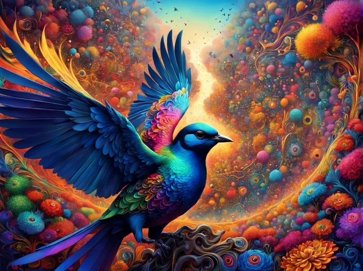 landscape, birds view, art by (Akrokan), mesmerizing digital painting, vivid colors, elaborate, breathtaking, chromatic nanotechnology, magnificent, iridescent particles, mesmerizing pattern of kaleidoscopic colors, nanotechnological display, vibrant hues,...