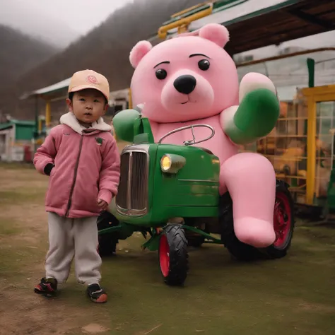 Full body 8K pictures, The little child wears a large oversized cute full head pink cartoon bear mask masquerade party，Wearing green, yellow and pink sportswear,potbelly, fat, In a post-apocalyptic rural South Korea, At a gas station out of service, There ...