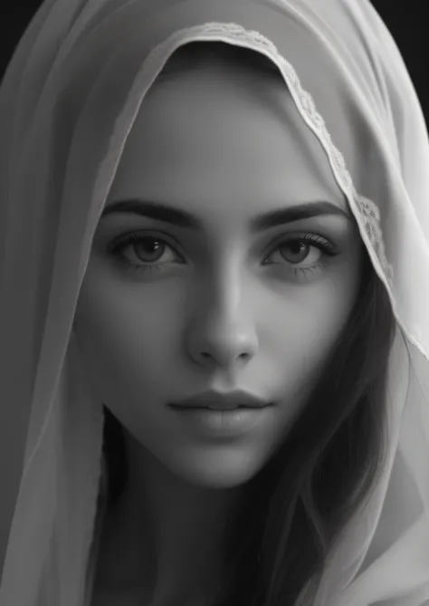 A black and white photograph of a woman with a veil over her head., Foto de una mujer hermosa, Cara hermosa detallada, Mujer preciosa, gorgeous face portrait, cara extremadamente hermosa, hermosa mujer hermosa, Hermoso rostro fotorrealista, Hermoso retrato...