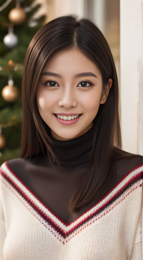 The face is a hostess、alluring face、Turtleneck sweater、hiquality、A hyper-realistic、healthy、Smiling expression、Slender perfect figure、Japan beauties、beautidful eyes、face perfect、Beautiful skin、The upper part of the body、Christmas、shopping