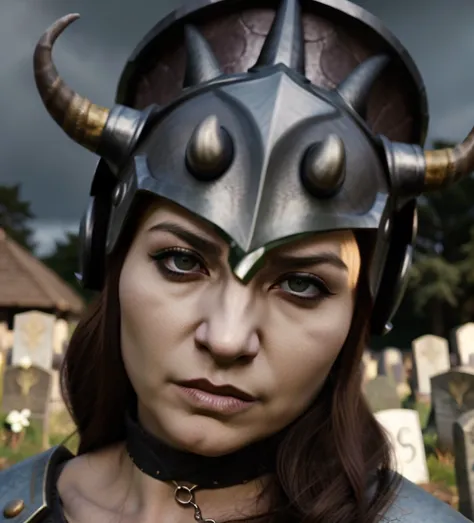 a close up of a woman wearing a horned helmet with horns, baldurs gate character portrait, (wearing skull helmet:1), angry face exprassion, baldurs gate, dwarven woman, portrait knight female, 2002 morrowind graphics, graveyard background, portrait of fema...